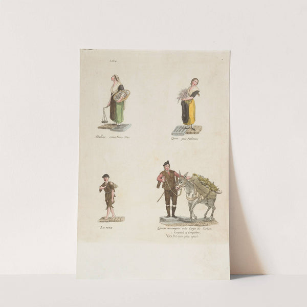 Plate 4; four street vendors from Madrid selling Albillas, radishes, carbon (1809–1817) by Miguel Gamborino