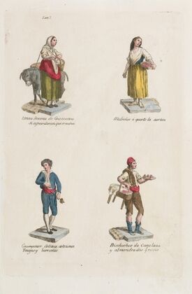 Plate 7; four street vendors from Madrid selling eggs, straweberries, containers, cinamon flavored sweets (1809–1817)