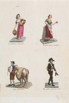 Plate 8; four street vendors from Madrid selling lemons, oranges, pigeons, and shoes (1809–1817)