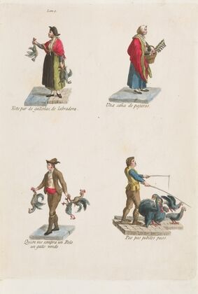 Plate 9; four street vendors from Madrid selling different kinds of birds (chicken, turkey, etc) (1809–1817)