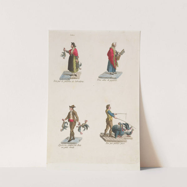 Plate 9; four street vendors from Madrid selling different kinds of birds (chicken, turkey, etc) (1809–1817) by Miguel Gamborino