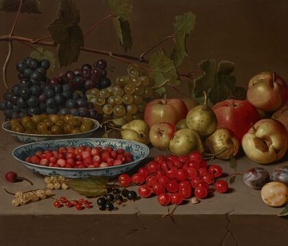 Plates of cherries and wild strawberries, with grapes, apples, pears, plums and other fruits on a stone ledge