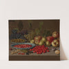 Plates of cherries and wild strawberries, with grapes, apples, pears, plums and other fruits on a stone ledge by Floris van Schooten