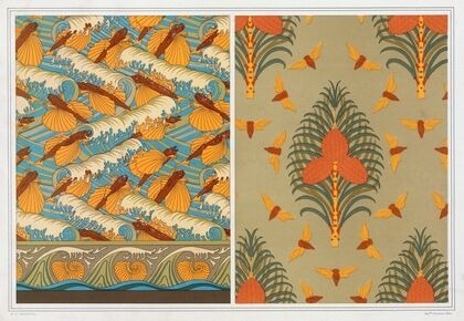 Poissons volants et vagues, papier peint. Cigales et pin, papier peint. Coquilles de nautiles, bordure.