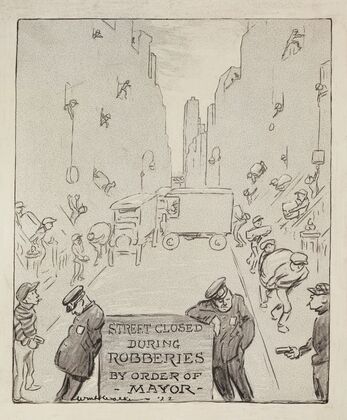 Police officers block the road and look the other way to allow a group of thieves to rob all the buildings on a street (1922)