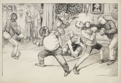 Politicians engaged in conflicts (fencing, wrestling, and boxing) in front of a portrait of George Washington, who is unhappy (1902)