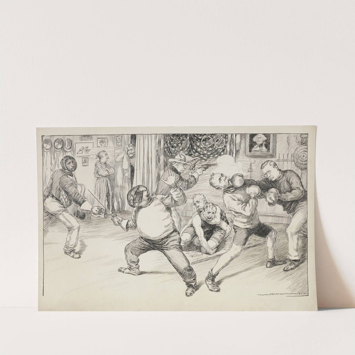 Politicians engaged in conflicts (fencing, wrestling, and boxing) in front of a portrait of George Washington, who is unhappy (1902) by William Henry Walker