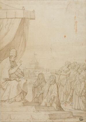 Pope Blessing Two Women in the Presence of Satyr and Assembled Women with Castel Sant Angelo in the Background