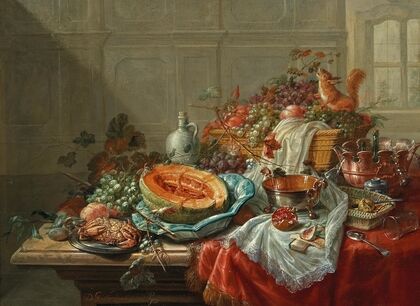 Porcelain, silver objects, fruit and shellfish on a table