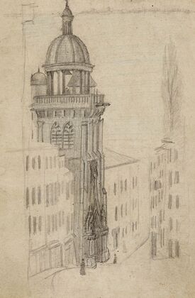 Portail et clocher d’église dans une ruelle