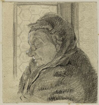 Portrait de femme âgée devant une fenêtre, de profil vers la gauche