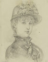 Portrait de femme de trois-quarts avec petit chapeau de plumes et veste à col haut et noeuds sur le devant (1878-1888)