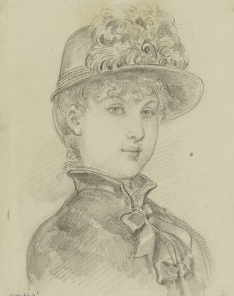 Portrait de femme de trois-quarts avec petit chapeau de plumes et veste à col haut et noeuds sur le devant (1878-1888)