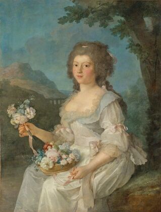 Portrait de femme en buste tenant une corbeille de fleurs