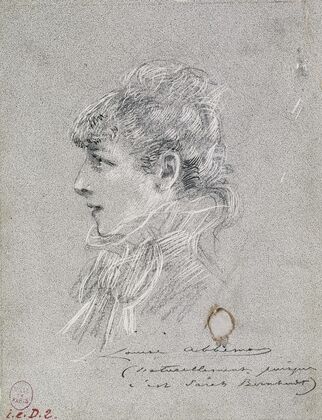 Portrait de Sarah Bernhardt en buste, profil de gauche