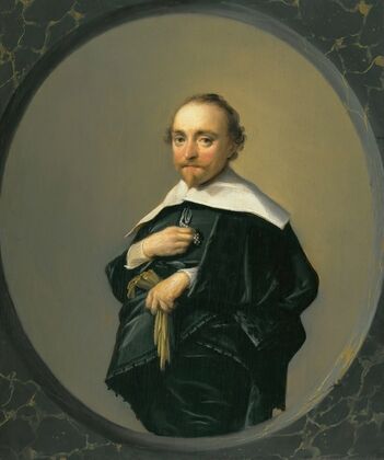 Portrait Of A Bearded Man Wearing A Black Coat With A Large White Collar, Holding A Pair Of Gloves