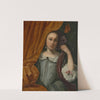 Portrait of a girl, peeking out from behind an orange curtain by Lodewijk van der Helst