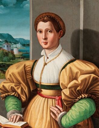 Portrait Of A Lady, Half-Length, In A Yellow Dress With Green Sleeves And A Book In An Interior, A Landscape Beyond