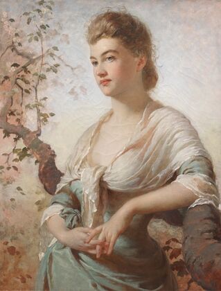 Portrait of a lady in a white and green dress leaning on a branch