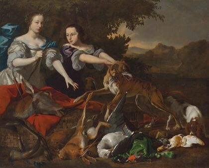 Portrait of a lady in as the goddess Diana and her attendant, with the spoils of the chase