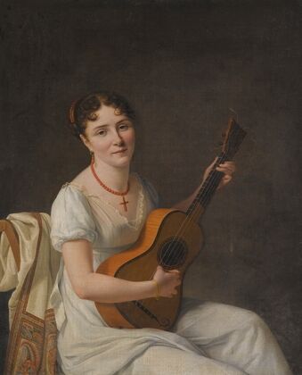 Portrait Of A Lady, Seated In An Interior, wearing a White Dress And Playing The Guitar — size preview