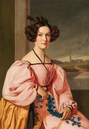 Portrait of a Lady with a Cornflower Wreath in the background belltower of Leipzig