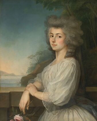 Portrait Of A Woman On A Terrace, A Landscape Beyond