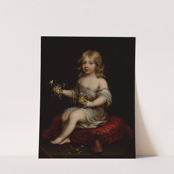 Portrait of a young boy seated on a cushion holding flowers by Follower of Pierre Mignard
