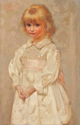 Portrait Of A Young Girl In A Pink And White Smock Dress