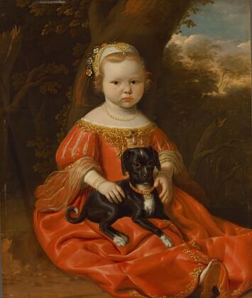 Portrait of a young girl in a red dress with her dog in a landscape — size preview