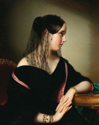 Portrait Of A Young Lady In Profile With An Enamelled Bangle, A Snake Bracelet And A Bracelet With Turquoises