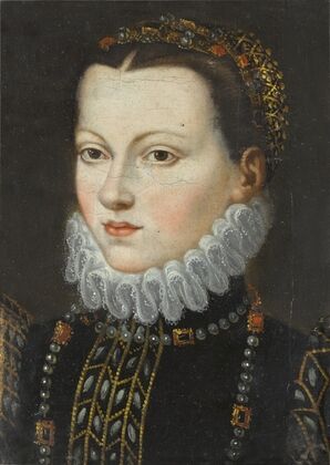 Portrait of a young woman, bust length, wearing an embroidered coat and a pearl necklace and headpiece (17th Century)
