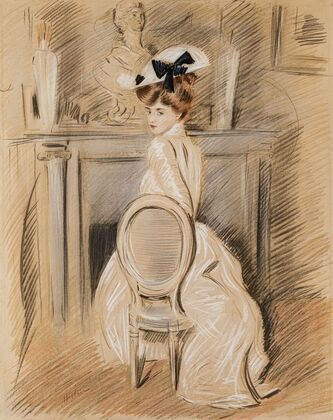Portrait of Alice Helleu in front of the fireplace