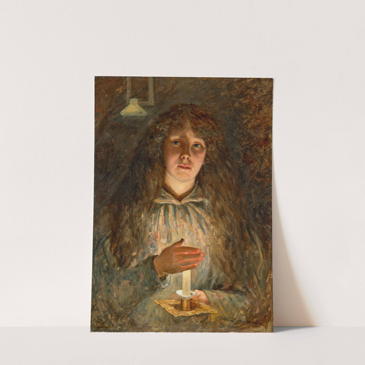 Portrait of Annie, the artist's wife, holding a candle by Robert Jobling