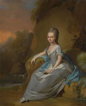 Portrait of elisabeth von breitenbach, wearing a blue dress, seated in a landscape (1802)