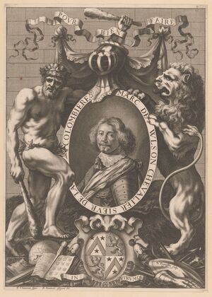 Portrait of Marc de Vulson, flanked by a wild man and a lion (1644)