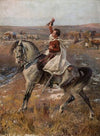Portrait of Petőfi on horseback with a line of carts in the background