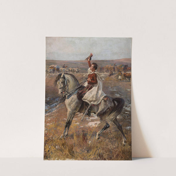 Portrait of Petőfi on horseback with a line of carts in the background by Jan Styka