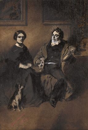 Portrait of the actor Frédérick Lemaître with his wife and dog
