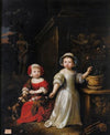 Portrait of Two Young Girls In a Park, One Playing With A Dog, The Other Holding a Carnation From a Pot