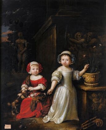 Portrait of Two Young Girls In a Park, One Playing With A Dog, The Other Holding a Carnation From a Pot