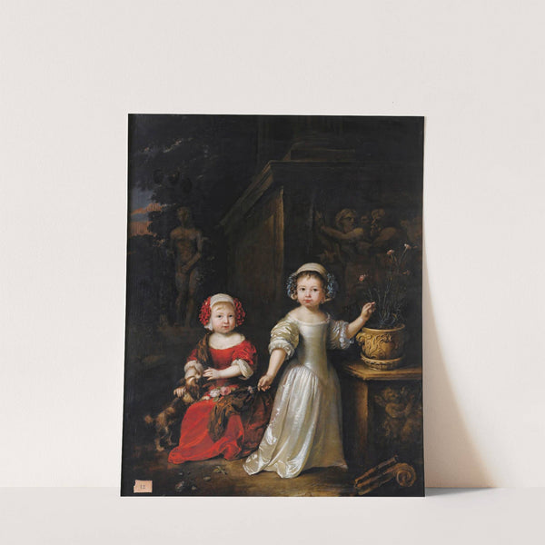 Portrait of Two Young Girls In a Park, One Playing With A Dog, The Other Holding a Carnation From a Pot by Caspar Netscher