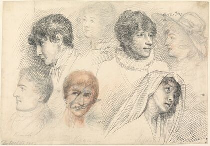 Portrait Studies of Mary Wills in Cowsslip, John Kemble, Edmund Kean and Mrs. Siddons — size preview