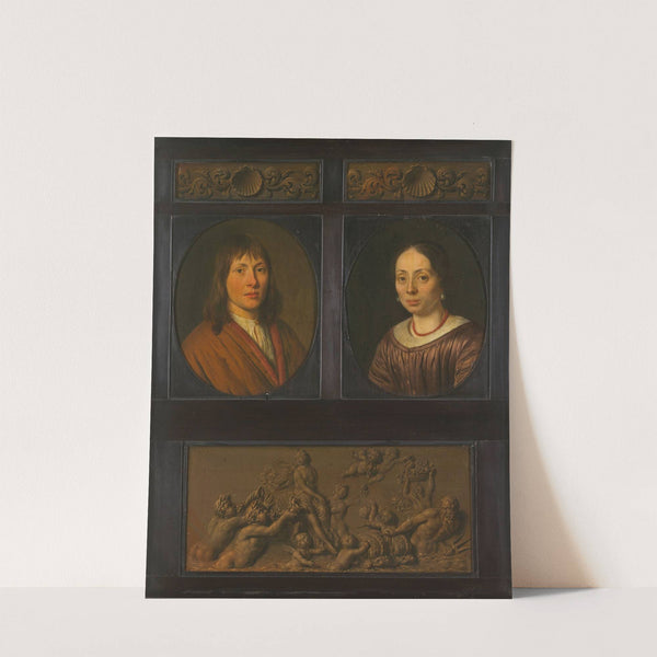 Portraits of a Man and a Woman framed with two ornamental frieze miniatures with shell motif and a Triumph of Amphitrite by Pieter Cornelisz van Slingelandt