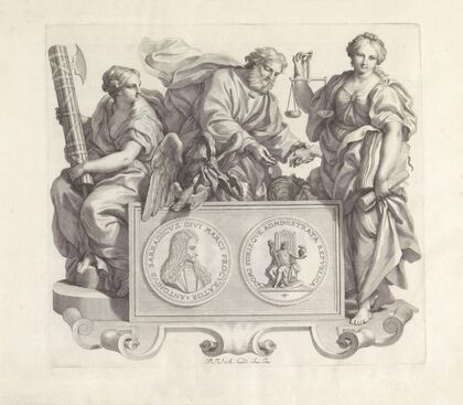 Portret van Antonio Barbarigo en de personificaties Rechtvaardigheid, Naastenliefde en Bestuur (1673-1743) — size preview
