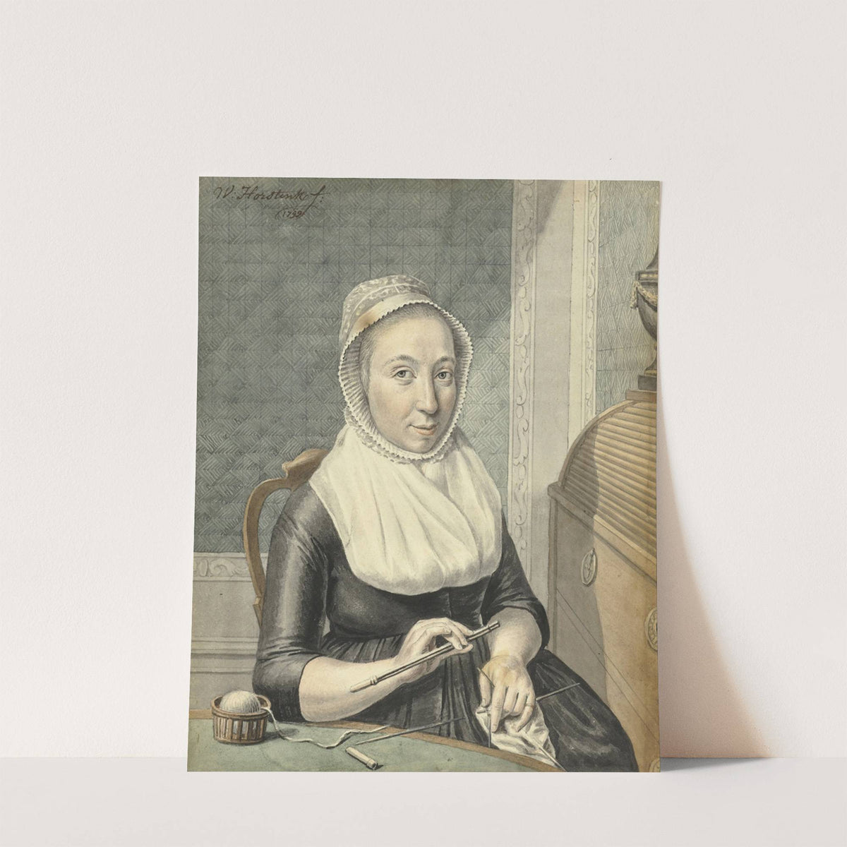 Portret van een dame met breiwerk by Warner Horstink