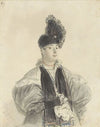 Portret van een staande dame met zwarte shawl en zwarte hoed