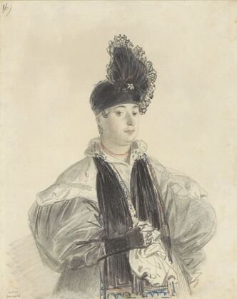 Portret van een staande dame met zwarte shawl en zwarte hoed