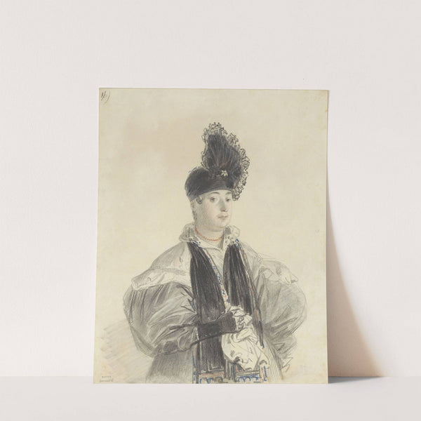 Portret van een staande dame met zwarte shawl en zwarte hoed by Denis Auguste Marie Raffet