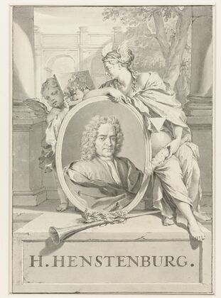Portret van Herman Henstenburgh in ovaal vastgehouden door vrouwenfiguur en putto